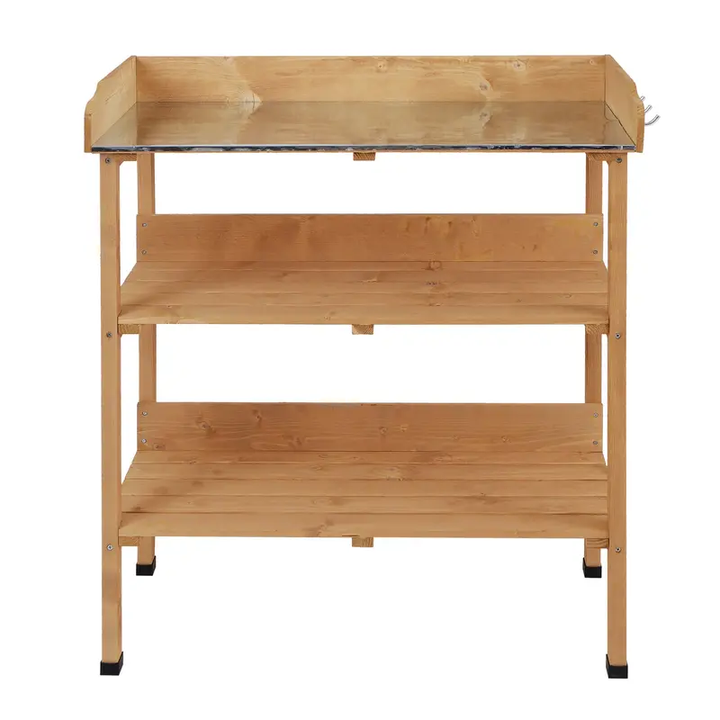 Wooden Potting Bench With Metal Top, Shelf And Hooks, Natural 1