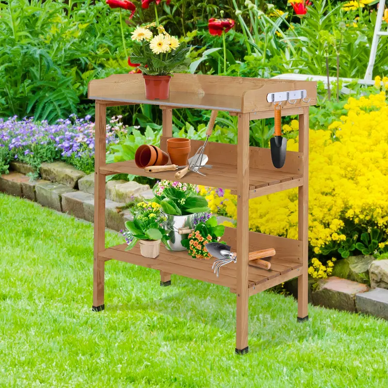 Wooden Potting Bench With Metal Top, Shelf And Hooks, Natural 2
