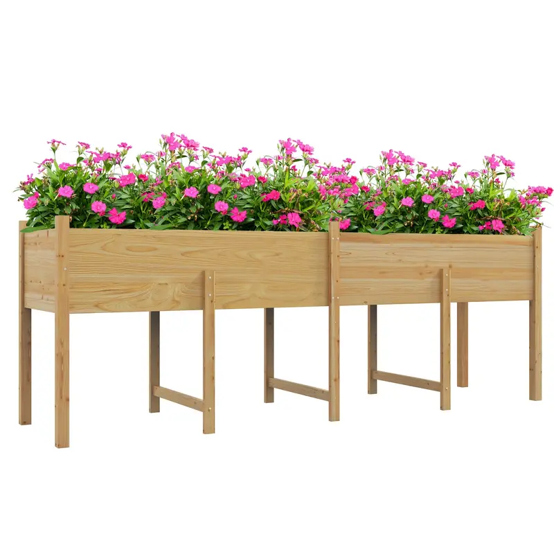 Wooden Raised Bed With Liner & Drain Holes, 86.6" X 19.7" X 10.6", Natural 1