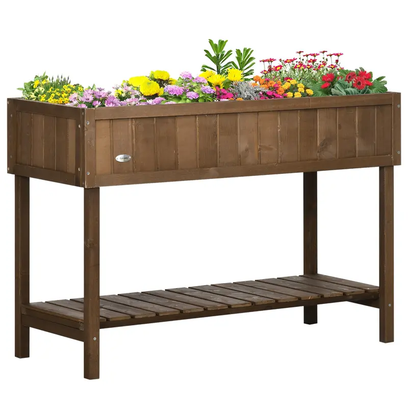 Wooden Raised Bed With Storage Shelf & 8 Pockets, 43" X 18" X 30", Dark Brown 1