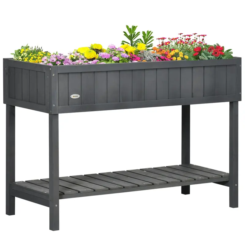 Wooden Raised Bed With Storage Shelf & 8 Pockets, 43" X 18" X 30", Dark Grey 1