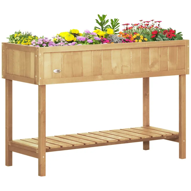 Wooden Raised Bed With Storage Shelf & 8 Pockets, 43" X 18" X 30", Natural 1