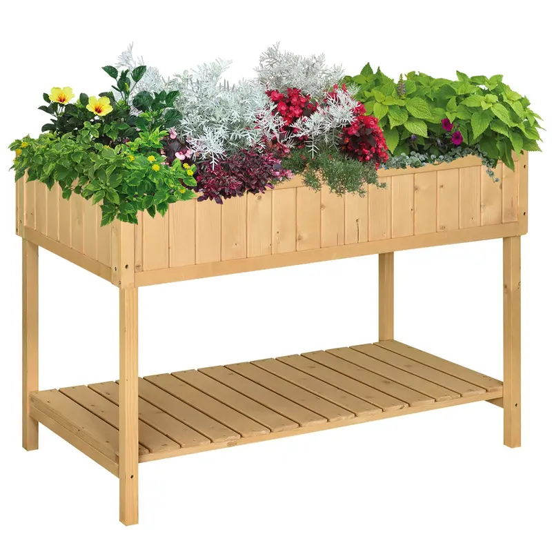 Wooden Raised Bed With Storage Shelf & 8 Pockets, 43" X 18" X 30", Natural 2