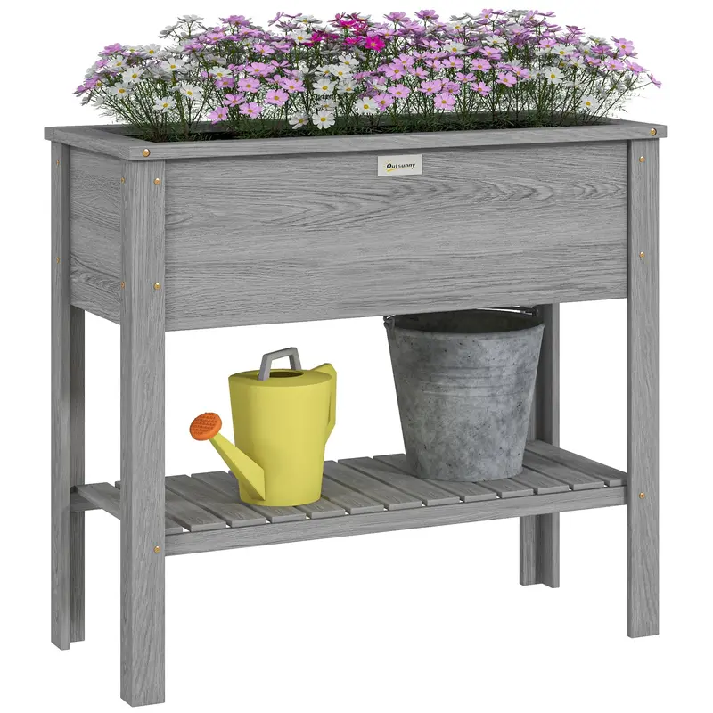Wooden Raised Garden Bed Standing Elevated Planter Box With Storage Shelf For Flowers, Vegetables, And Herbs, 36" X 16" X 32", Grey 1