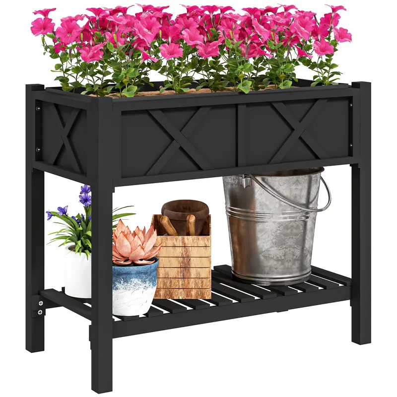 Wooden Raised Garden Bed With Storage Shelf, Drainage Holes And Liner, 34" X 18" X 30",Black 1