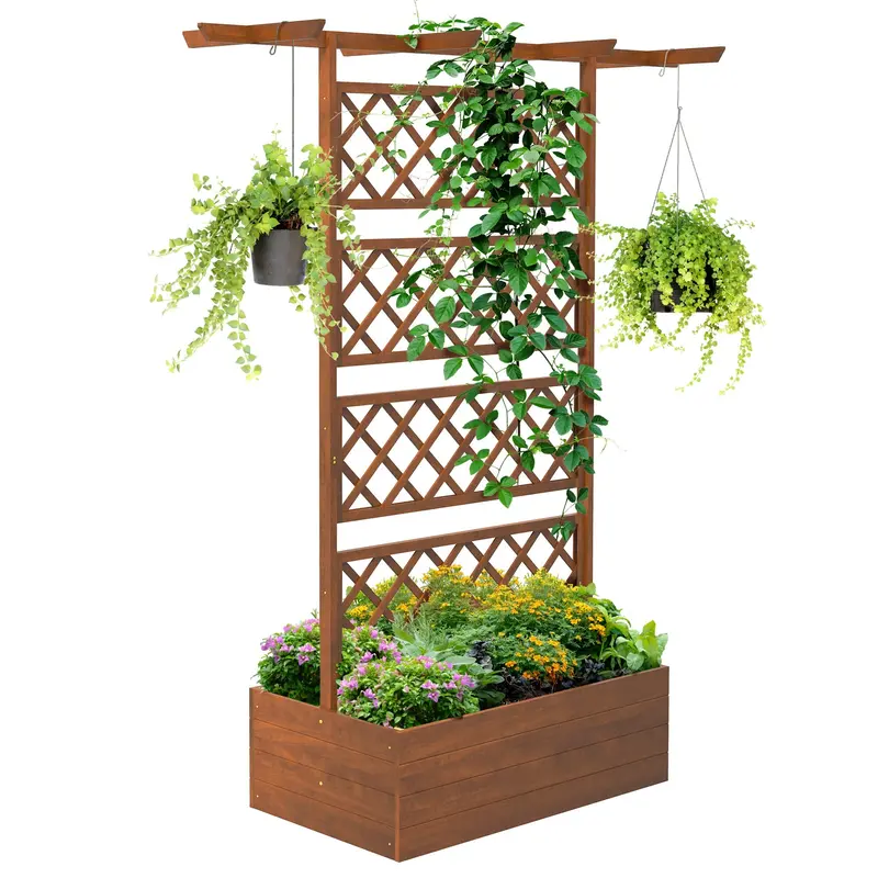 Wooden Raised Garden Bed With Trellis & Roof,63" X 21.7" X 72", Orange 1