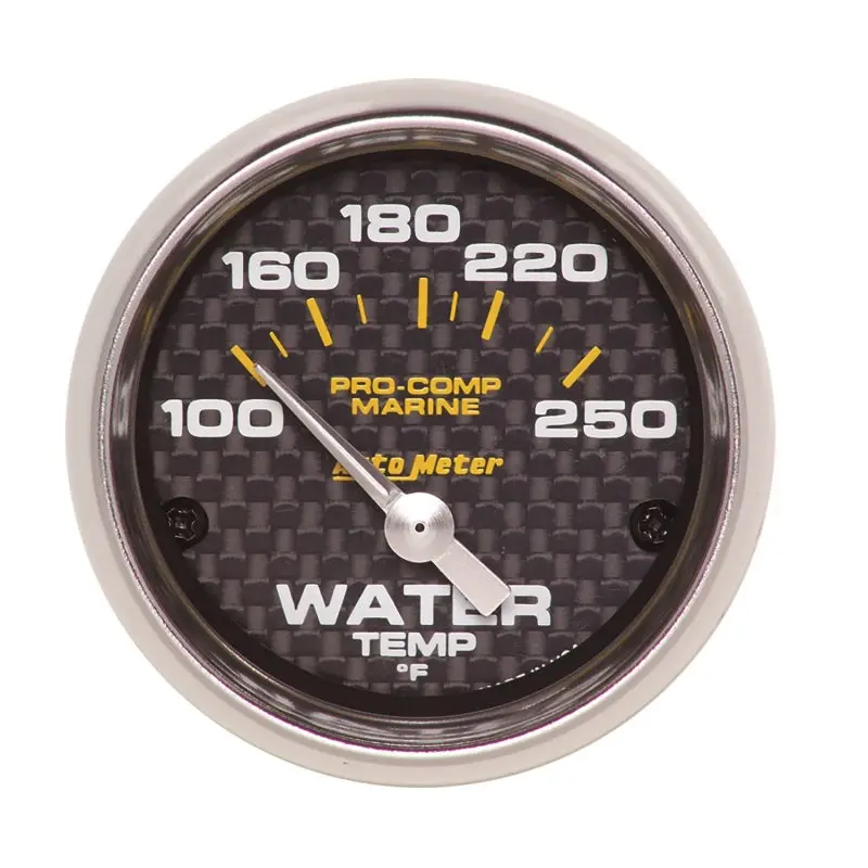 Autometer Marine-Grade Electric Water Temperature Gauge – 2-1/16-Inch Carbon Fiber Face, 100–250°F Range 1