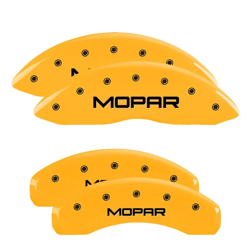 Mgp Engraved 4-Piston Caliper Covers For 2011–2018 Dodge Durango – Yellow Finish With Black Mopar Logo 1